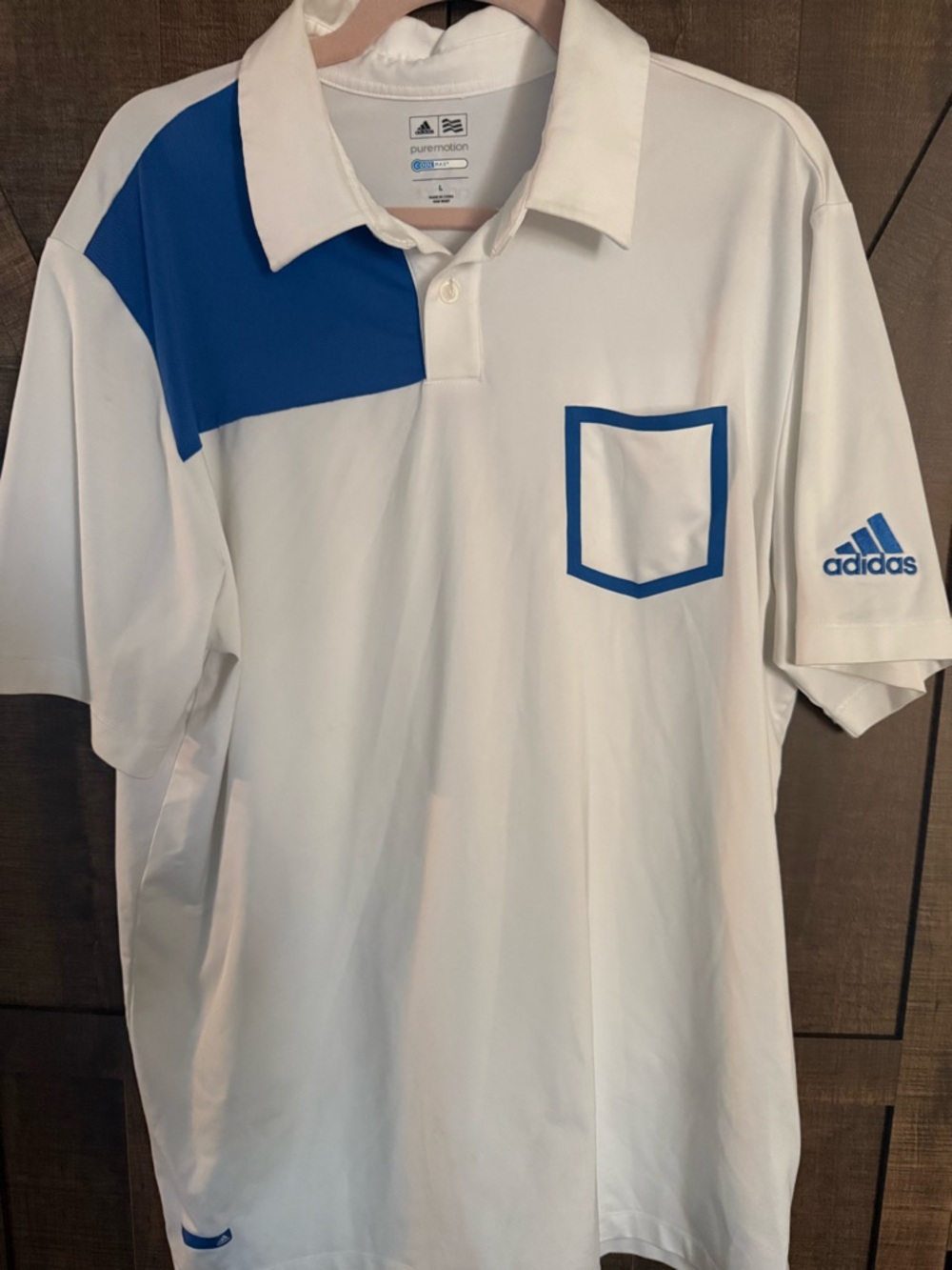 adidas White Polo with Blue Shoulder and Pocket Trim